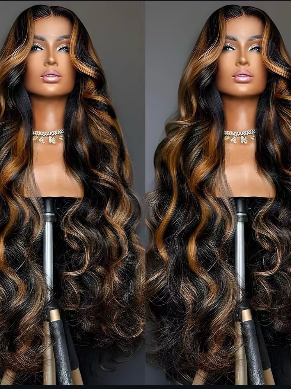 Long Wavy Black and Caramel Highlighted Women's Wig